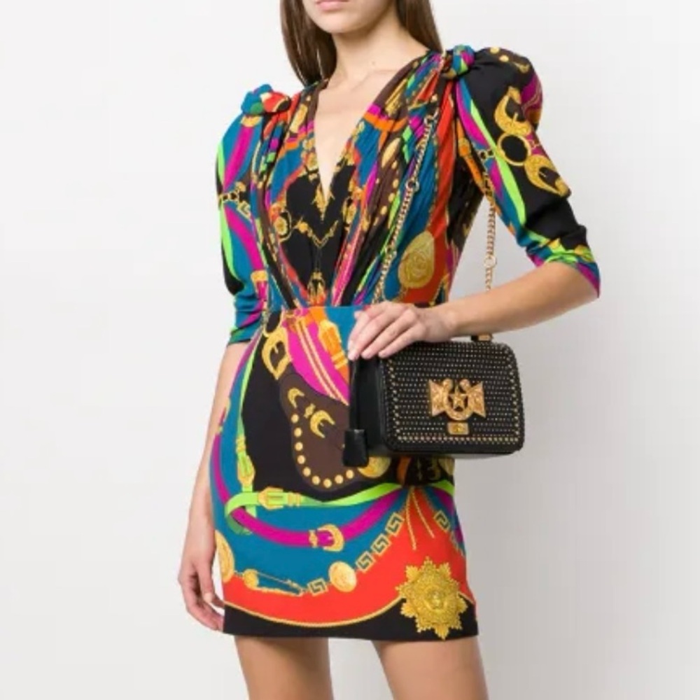 New $2450 Versace Barocco Rodeo Print Mini Dress. Made in Italy